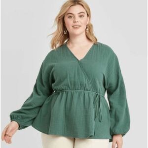 Ava & Viv Teal Green Faux Wrap Stretch Top